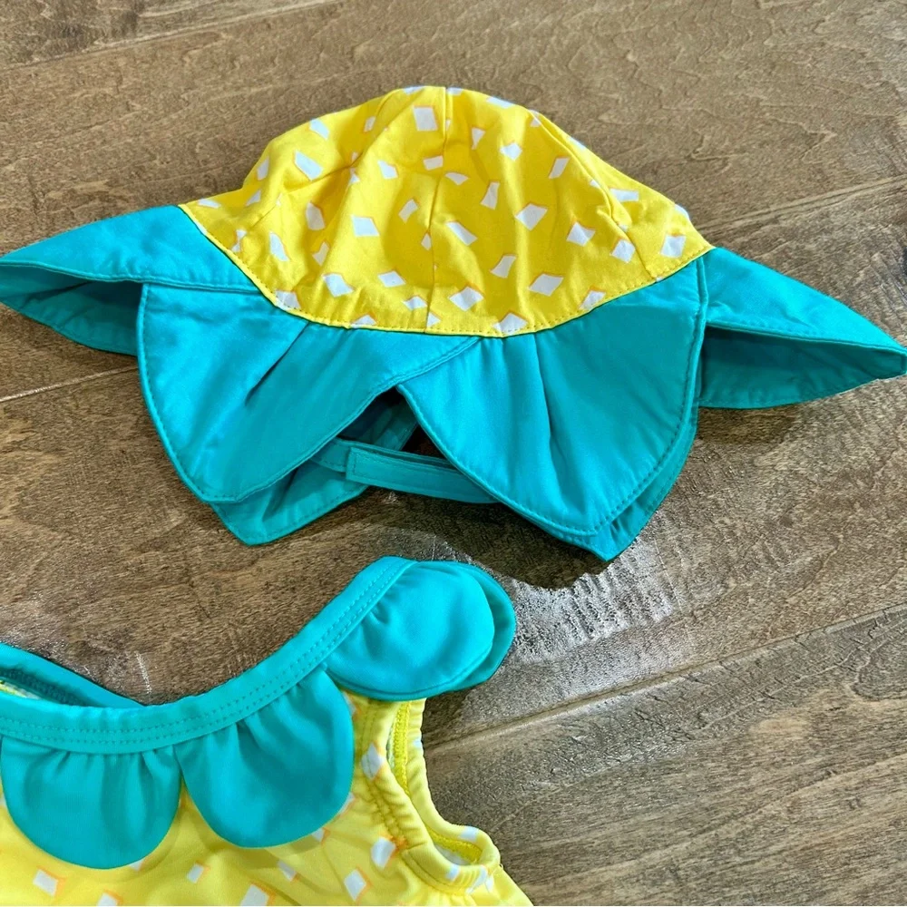 Gymboree Toddler Girls Print Ruffle One Piece Swimsuit w/ Hat Yellow 12-18 M EUC